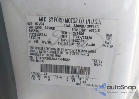 2004 Ford F-250 Xl/Xlt from USA, damaged, VIN 1FTNF20L84EC64022